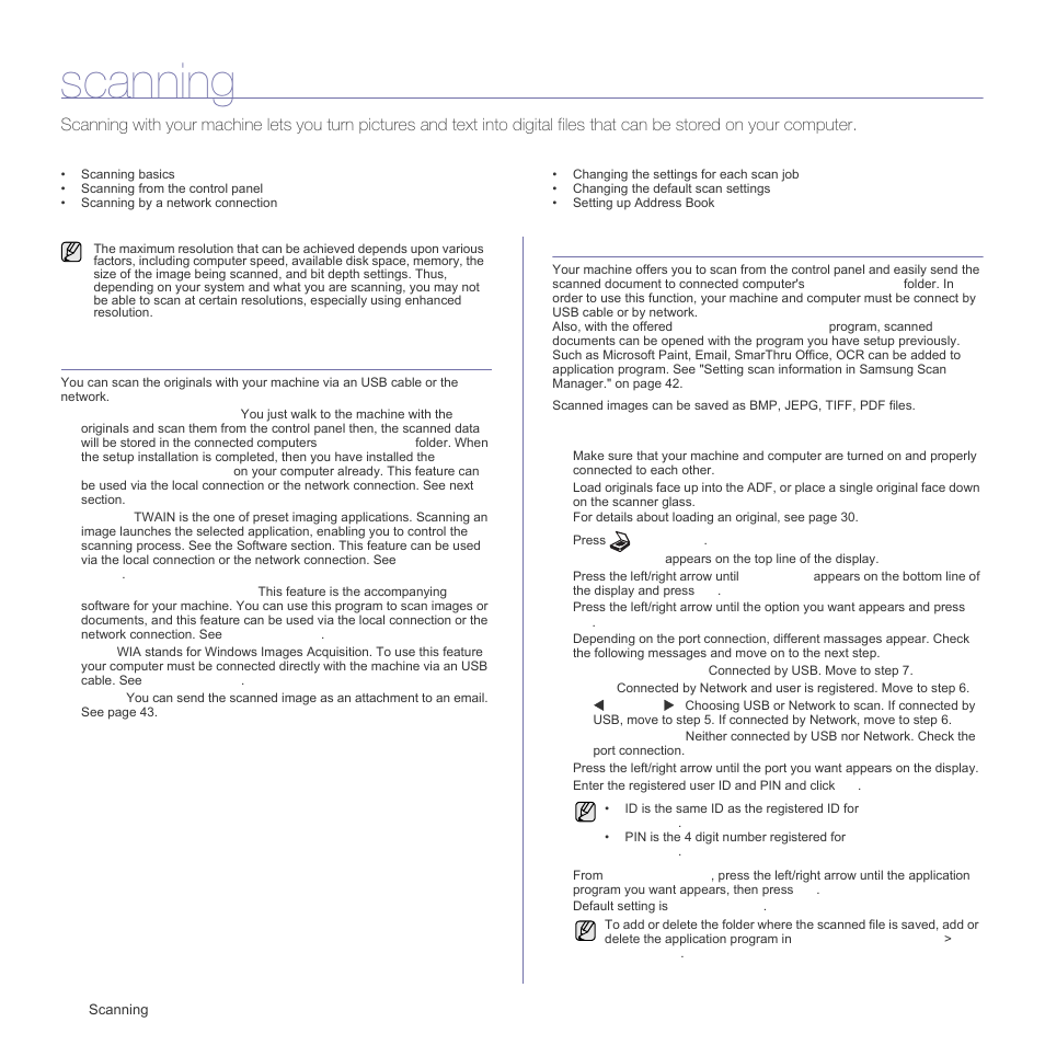 Scanning, Scanning basics, Scanning from the control panel | Scanning to application programs | Samsung SCX-4X26 User Manual | Page 41 / 139