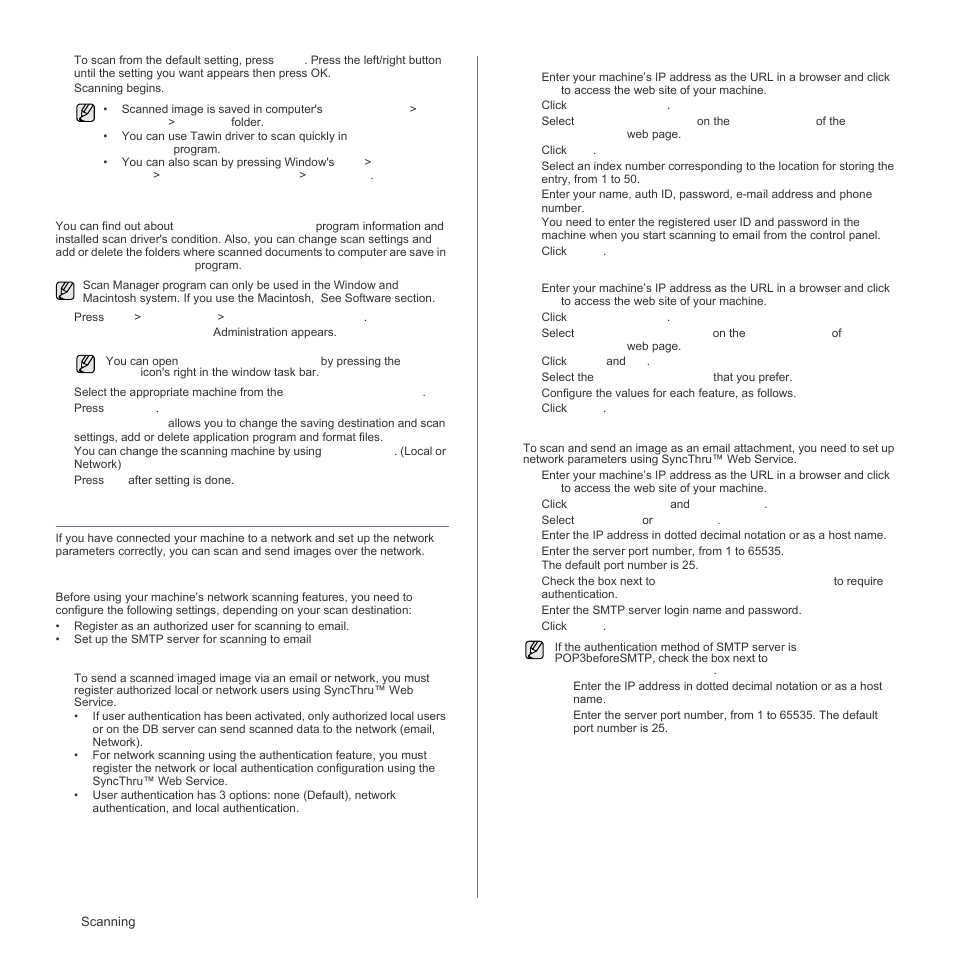 Setting scan information in samsung scan manager, Scanning by a network connection, Preparing for network scanning | M. see "setting scan information in samsung scan | Samsung SCX-4X26 User Manual | Page 42 / 139