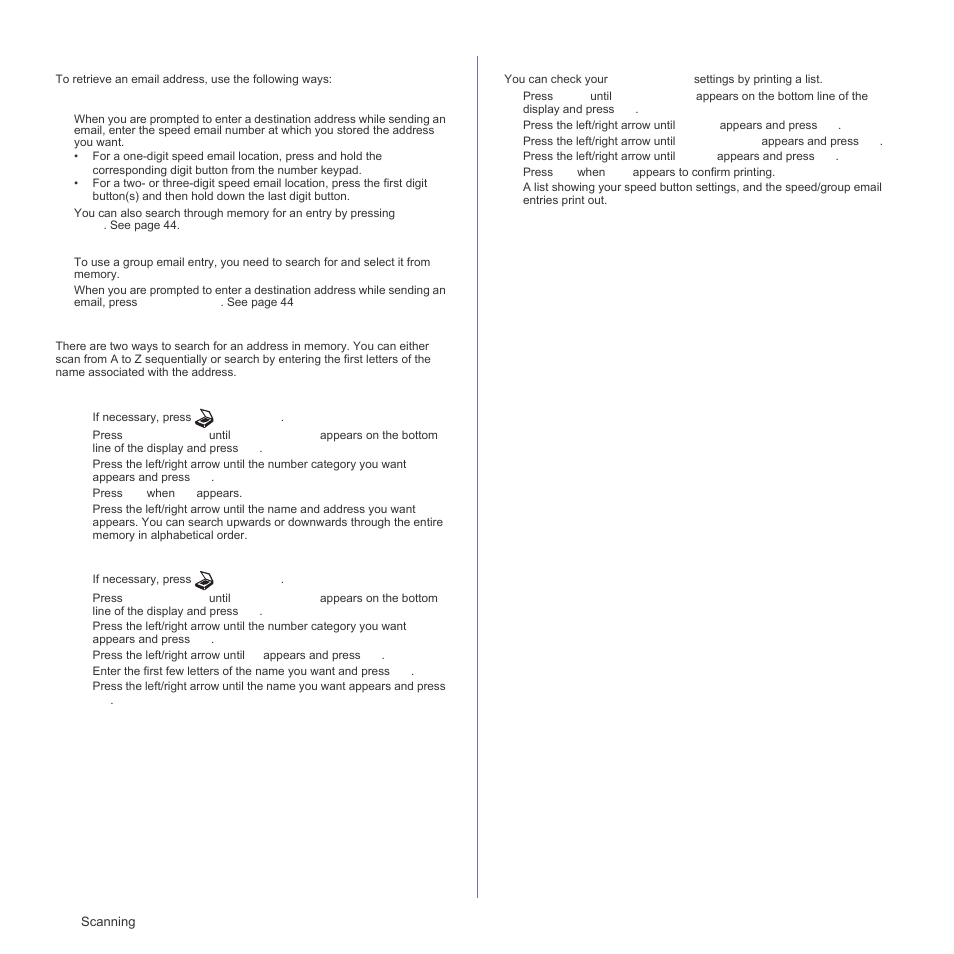 Using address book entries, Searching address book for an entry, Printing address book | Samsung SCX-4X26 User Manual | Page 44 / 139