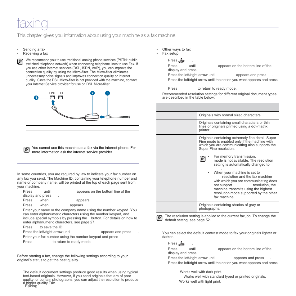 Faxing, Sending a fax, Setting the fax header | Adjusting the document settings | Samsung SCX-4X26 User Manual | Page 46 / 139