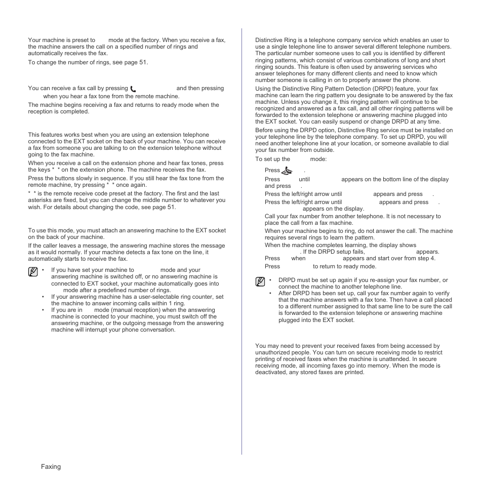 Receiving automatically in fax mode, Receiving manually in tel mode, Receiving manually using an extension telephone | Receiving automatically in ans/fax mode, Receiving faxes using drpd mode, Receiving in secure receiving mode, Age 48, E 48, Ge 48 | Samsung SCX-4X26 User Manual | Page 48 / 139