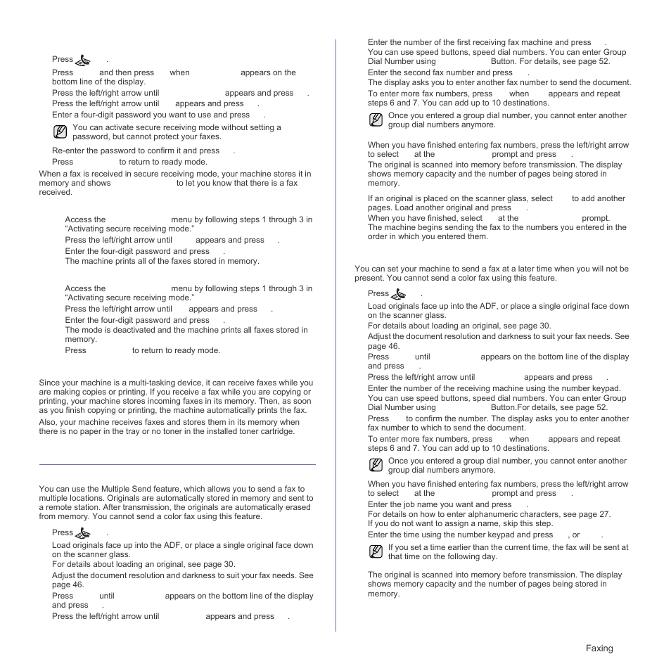 Activating secure receiving mode, Receiving faxes in memory, Other ways to fax | Sending a fax to multiple destinations, Sending a delayed fax | Samsung SCX-4X26 User Manual | Page 49 / 139