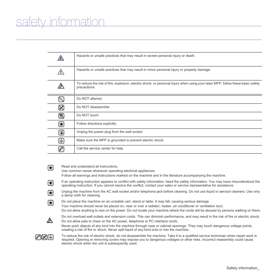 Safety information, Important safety symbols and precautions | Samsung SCX-4X26 User Manual | Page 5 / 139