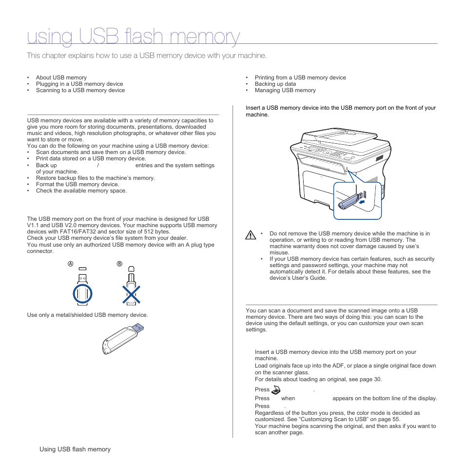 Using usb flash memory, About usb memory, Plugging in a usb memory device | Scanning to a usb memory device, Scanning, Age 54 | Samsung SCX-4X26 User Manual | Page 54 / 139