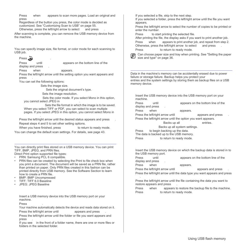 Customizing scan to usb, Printing from a usb memory device, To print a document from a usb memory device | Backing up data, Restoring data, Customizing scan to usb” on, Age 55 | Samsung SCX-4X26 User Manual | Page 55 / 139