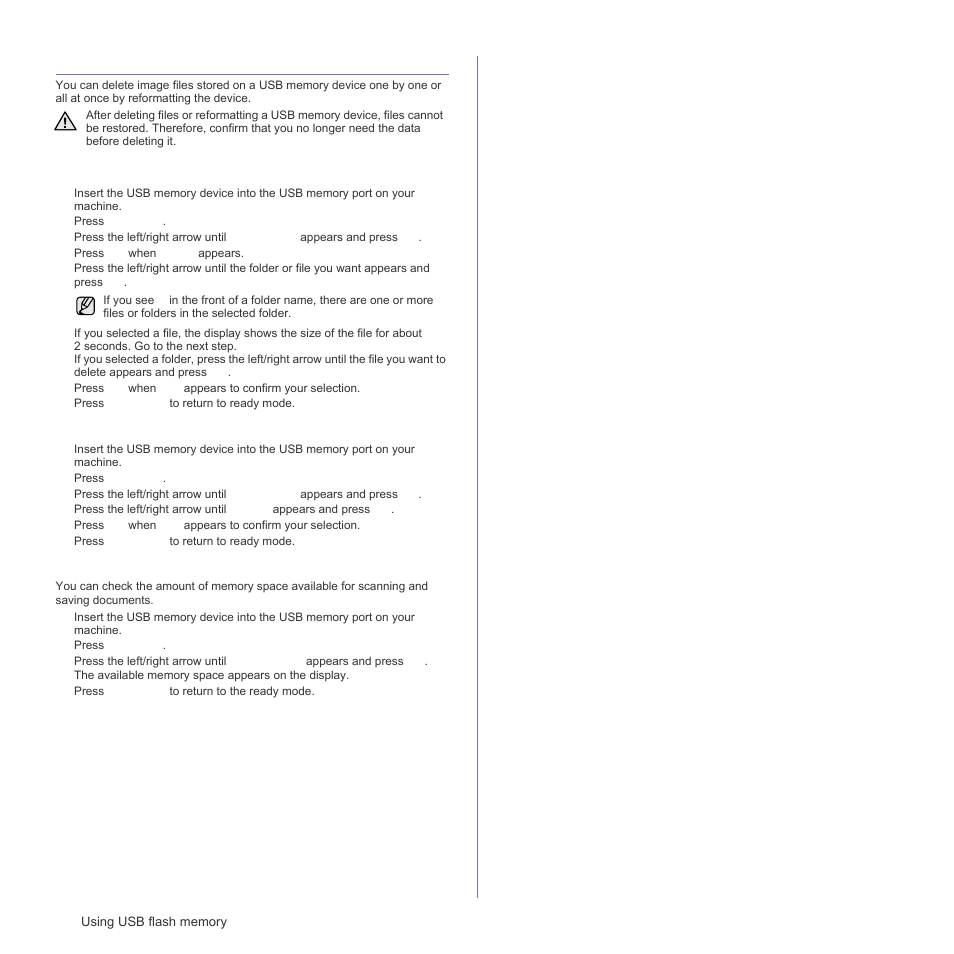 Managing usb memory, Deleting an image file, Formatting a usb memory device | Viewing the usb memory status | Samsung SCX-4X26 User Manual | Page 56 / 139