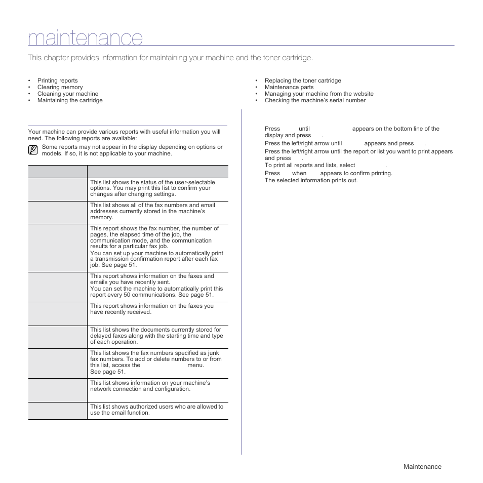 Maintenance, Printing reports, Printing a report | Samsung SCX-4X26 User Manual | Page 57 / 139