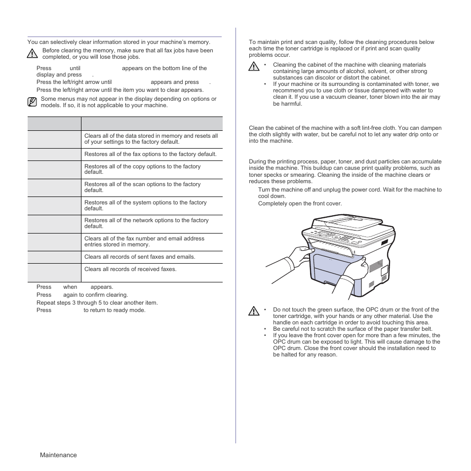 Clearing memory, Cleaning your machine, Cleaning the outside | Cleaning the inside | Samsung SCX-4X26 User Manual | Page 58 / 139