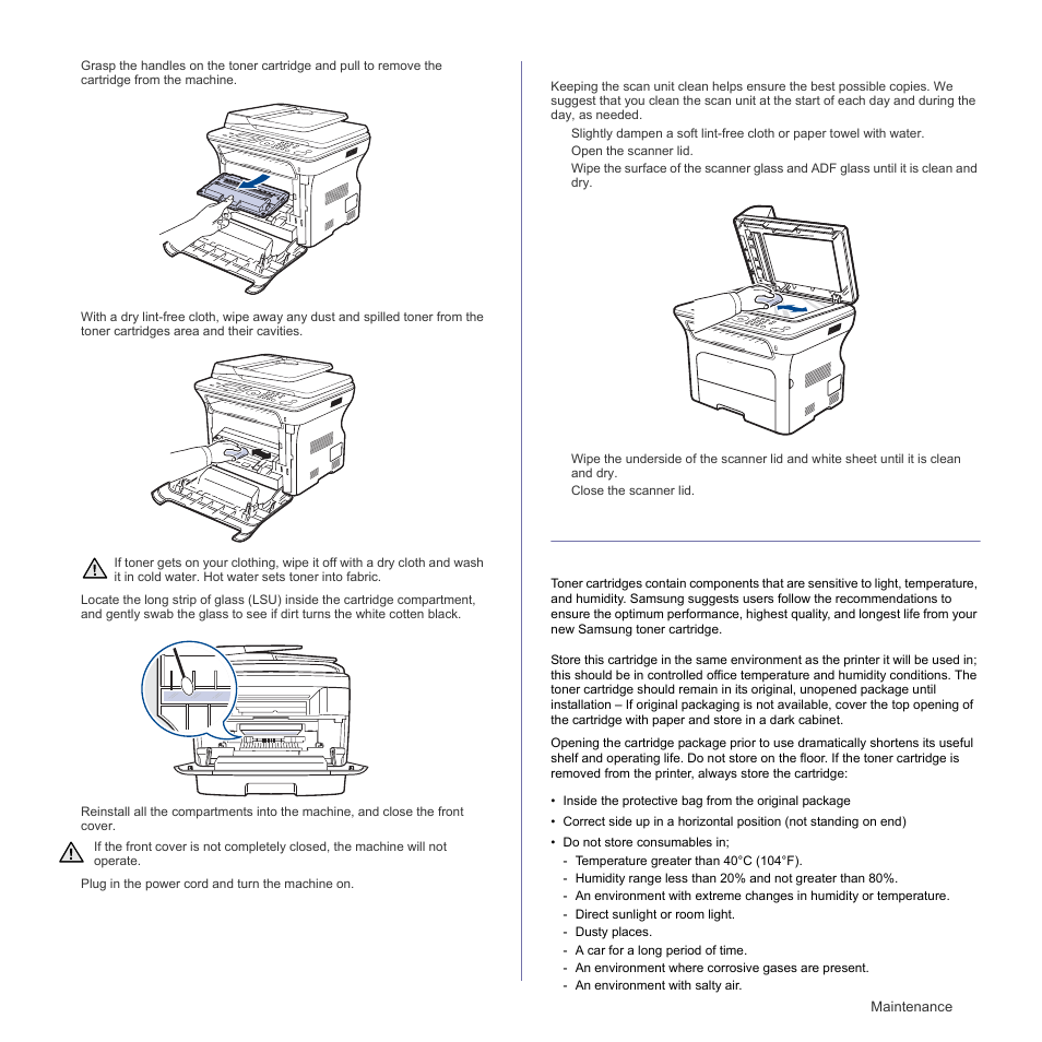 Cleaning the scan unit, Maintaining the cartridge, Toner cartridge storage | Samsung SCX-4X26 User Manual | Page 59 / 139