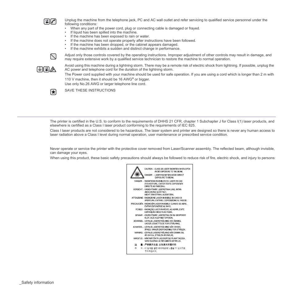 Laser safety statement | Samsung SCX-4X26 User Manual | Page 6 / 139