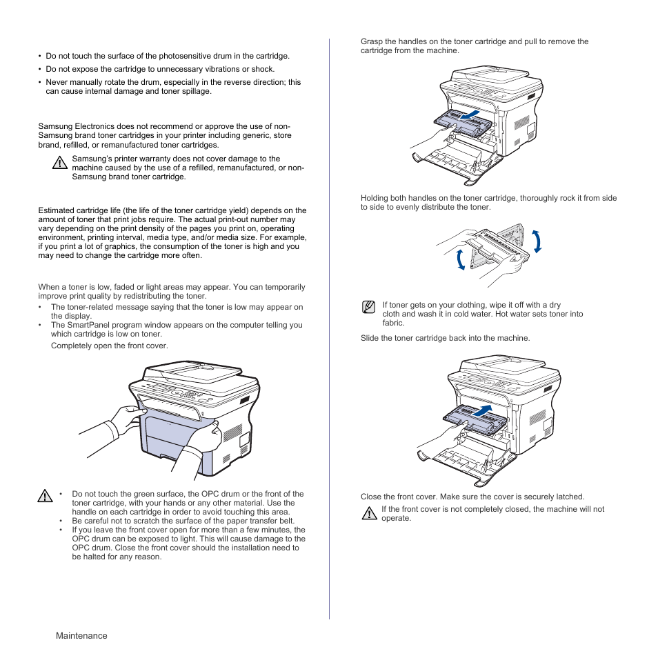 Handling instructions, Use of non-samsung and refilled toner cartridge, Estimated cartridge life | Redistributing toner, R. (see | Samsung SCX-4X26 User Manual | Page 60 / 139