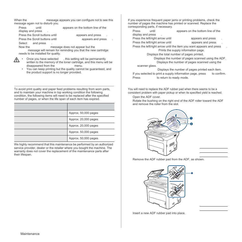 Clearing the toner empty message, Maintenance parts, Checking replaceables | Replacing the adf rubber pad | Samsung SCX-4X26 User Manual | Page 62 / 139