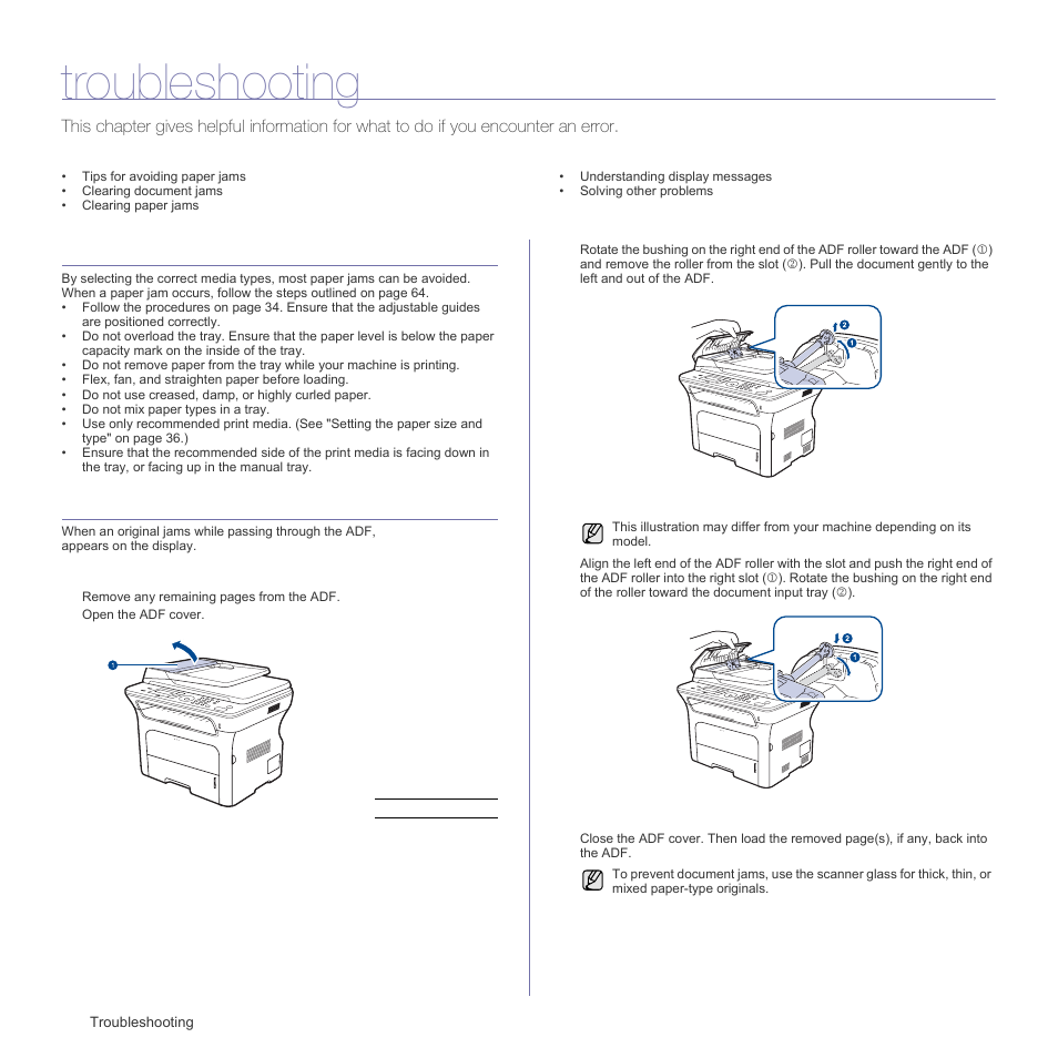 Troubleshooting, Tips for avoiding paper jams, Clearing document jams | Input misfeed, Exit misfeed | Samsung SCX-4X26 User Manual | Page 64 / 139