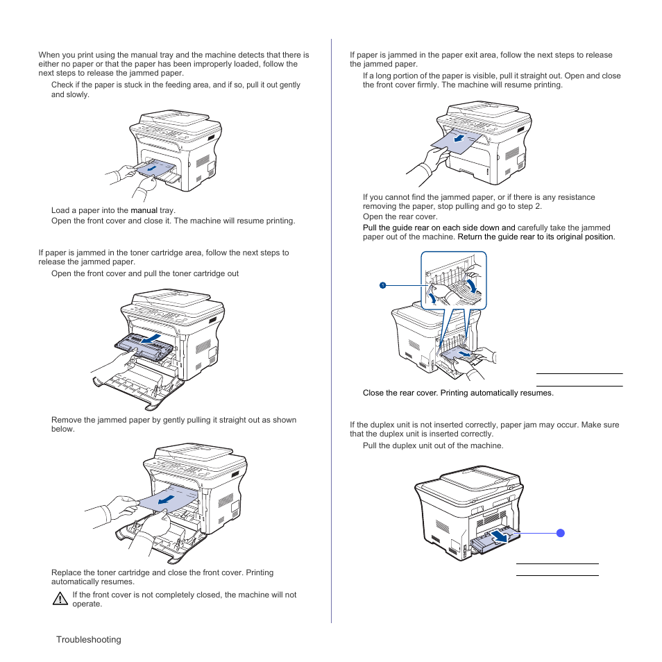 In the manual tray, In the toner cartridge area, In the paper exit area | In the duplex unit area, Eck in the toner cartridge area | Samsung SCX-4X26 User Manual | Page 66 / 139