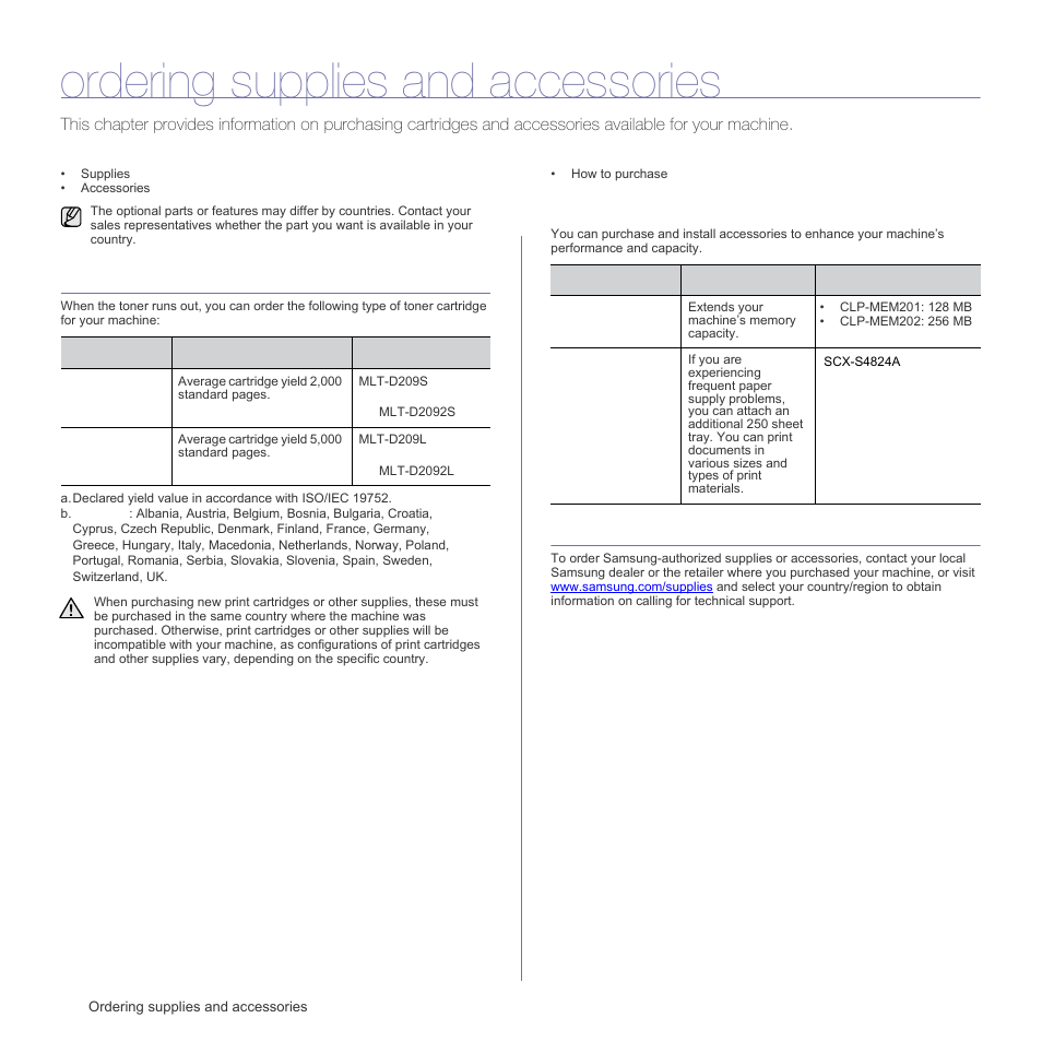 Ordering supplies and accessories, Supplies, Accessories | How to purchase | Samsung SCX-4X26 User Manual | Page 79 / 139