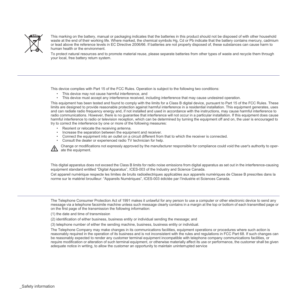 Correct disposal of batteries in this product, Radio frequency emissions, Fax branding | Samsung SCX-4X26 User Manual | Page 8 / 139