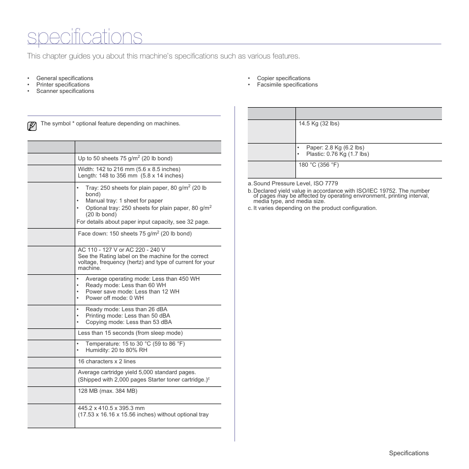 Specifications, General specifications, See "general | Samsung SCX-4X26 User Manual | Page 81 / 139