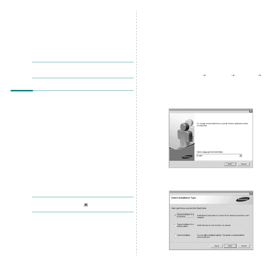 Installing printer software in windows, Installing printer software, Installing software for local printing | Chapter 1 | Samsung SCX-4X26 User Manual | Page 98 / 139