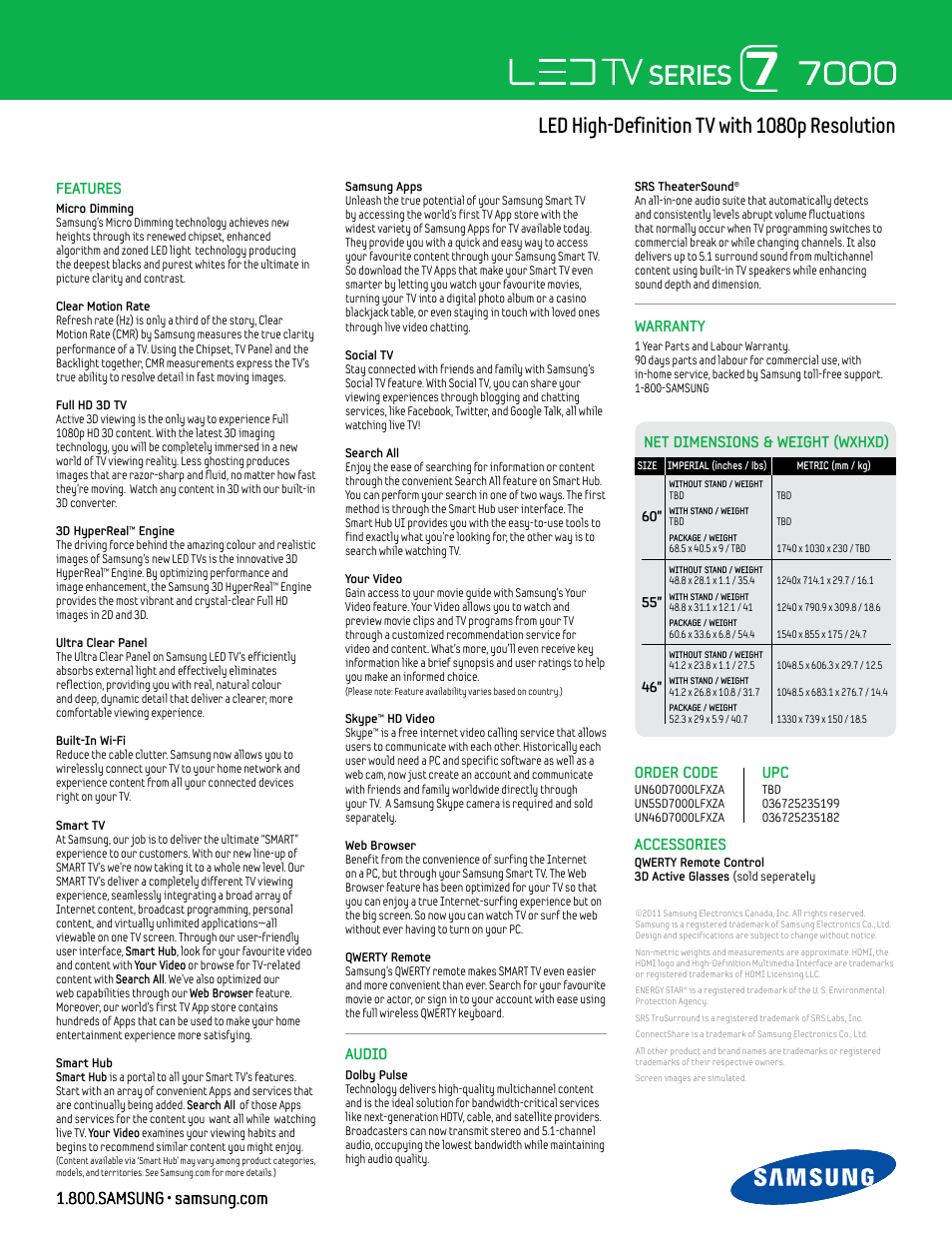Led high-definition tv with 1080p resolution | Samsung UN60D7000 User Manual | Page 2 / 2