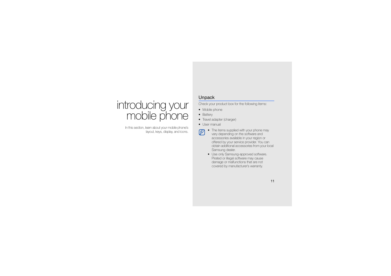 Introducing your mobile phone, Unpack | Samsung C5212 User Manual | Page 16 / 57