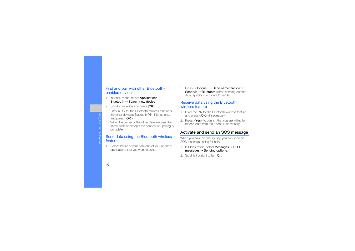 Activate and send an sos message | Samsung C5212 User Manual | Page 45 / 57