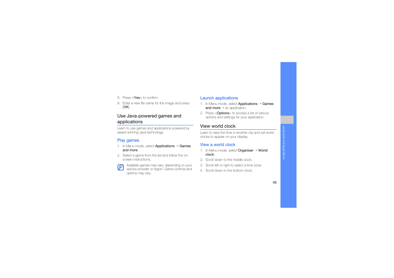 Use java-powered games and applications, View world clock | Samsung C5212 User Manual | Page 50 / 57