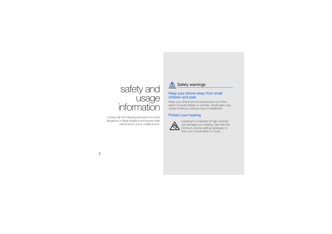 Safety and usage information, Safety warnings | Samsung C5212 User Manual | Page 7 / 57