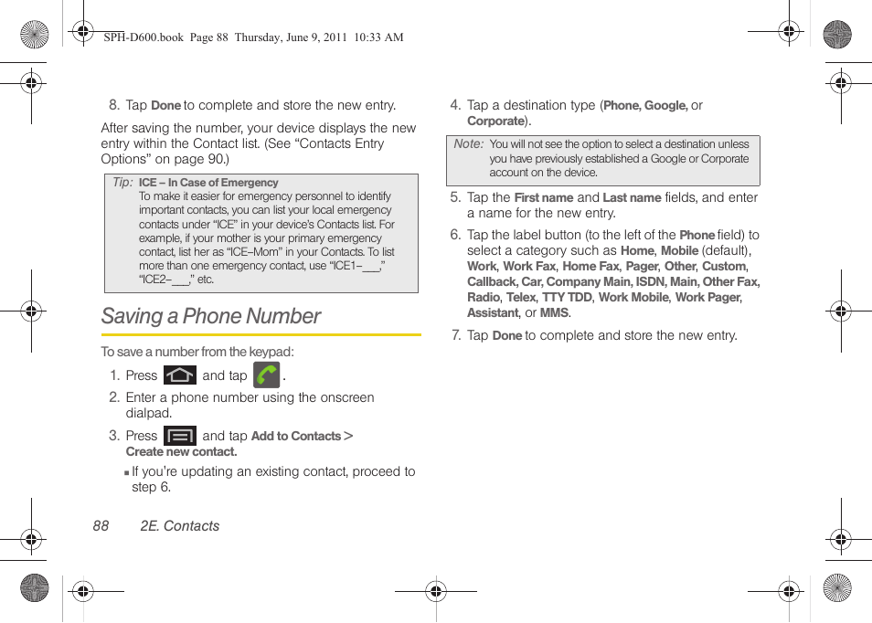 Saving a phone number | Samsung D-44867 User Manual | Page 102 / 250