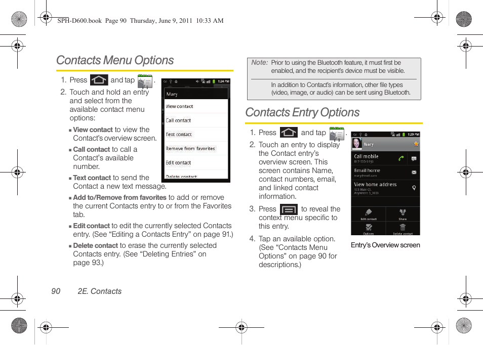 Contacts menu options, Contacts entry options | Samsung D-44867 User Manual | Page 104 / 250