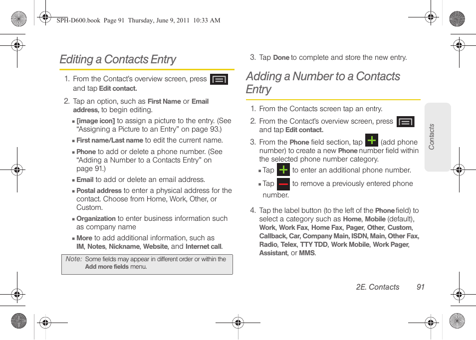 Editing a contacts entry, Adding a number to a contacts entry | Samsung D-44867 User Manual | Page 105 / 250