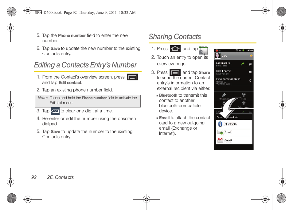 Editing a contacts entry’s number, Sharing contacts | Samsung D-44867 User Manual | Page 106 / 250