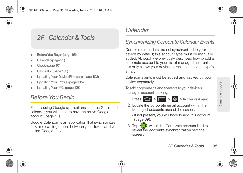 2f. calendar & tools, Before you begin, Calendar | Synchronizing corporate calendar events | Samsung D-44867 User Manual | Page 109 / 250