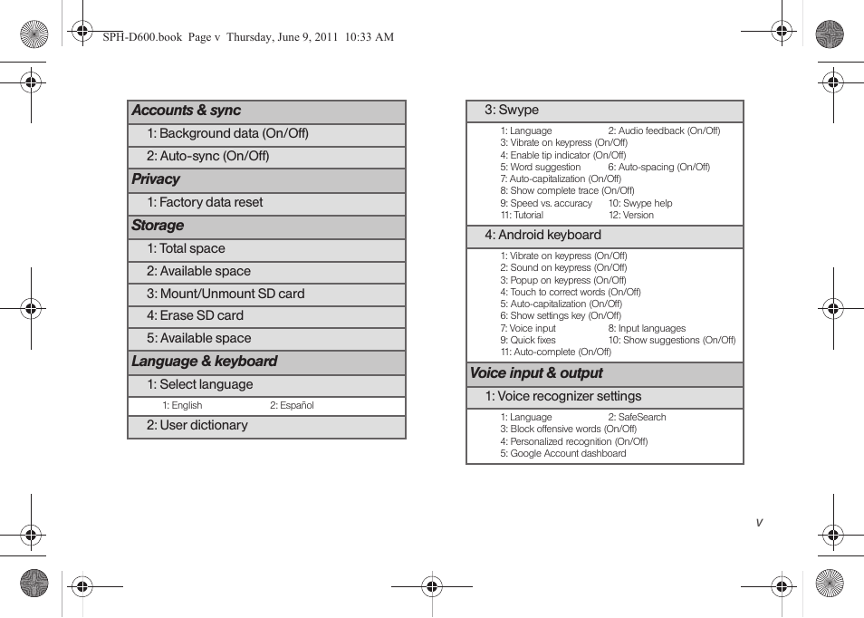 Accounts & sync, Privacy, Storage | Language & keyboard, Voice input & output | Samsung D-44867 User Manual | Page 11 / 250