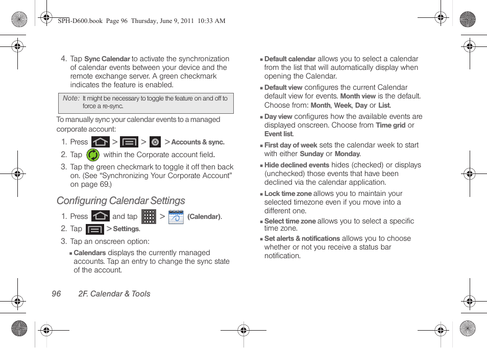 Configuring calendar settings | Samsung D-44867 User Manual | Page 110 / 250