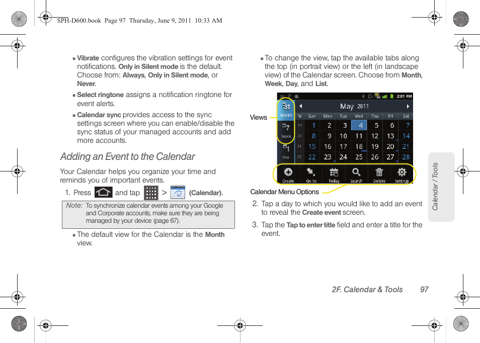 Adding an event to the calendar | Samsung D-44867 User Manual | Page 111 / 250