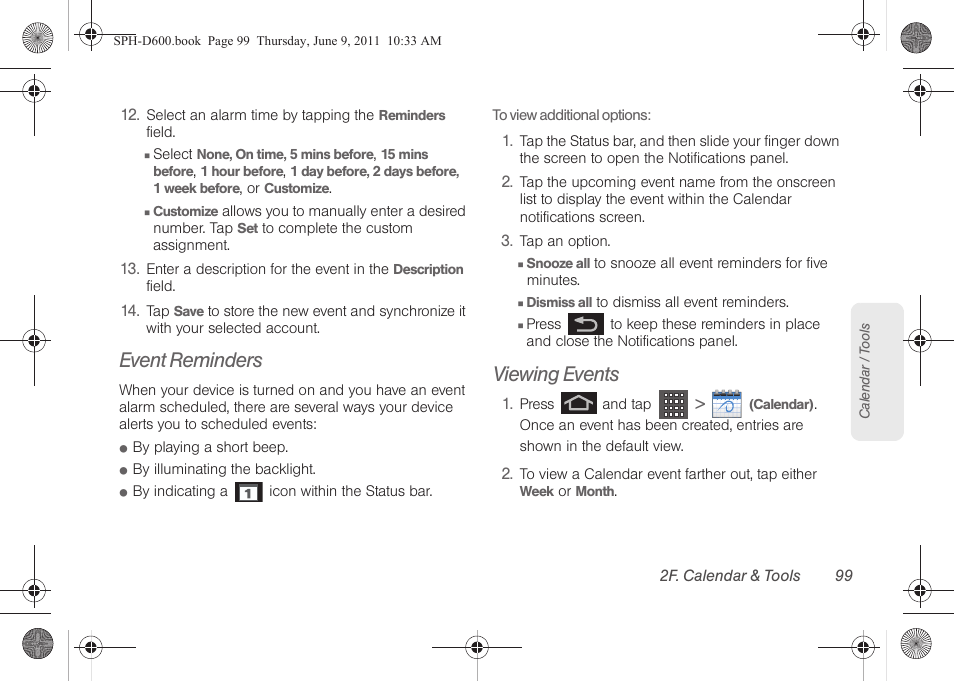 Event reminders, Viewing events | Samsung D-44867 User Manual | Page 113 / 250