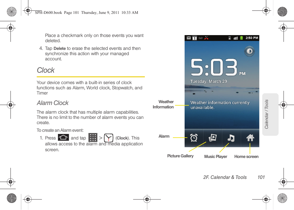 Clock, Alarm clock | Samsung D-44867 User Manual | Page 115 / 250