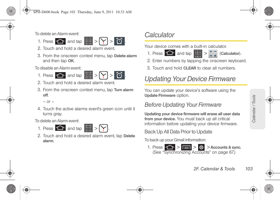 Calculator, Updating your device firmware, Before updating your firmware | Samsung D-44867 User Manual | Page 117 / 250