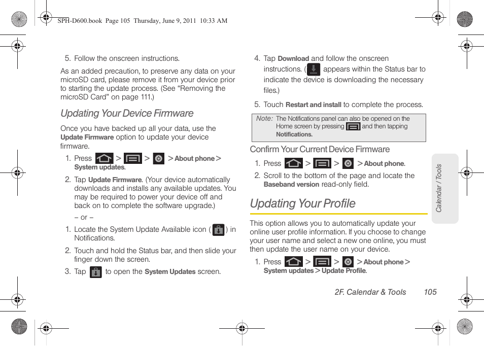 Updating your device firmware, Updating your profile | Samsung D-44867 User Manual | Page 119 / 250