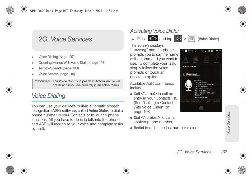 2g. voice services, Voice dialing, Activating voice dialer | Samsung D-44867 User Manual | Page 121 / 250