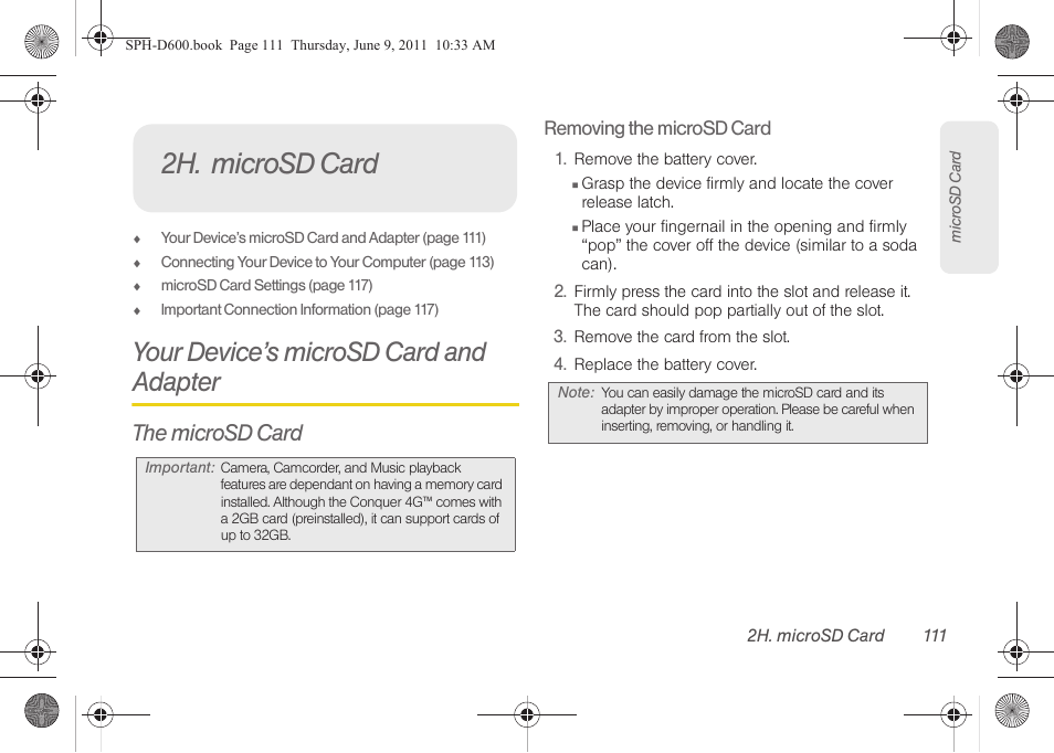 2h. microsd card, Your device’s microsd card and adapter, The microsd card | Samsung D-44867 User Manual | Page 125 / 250