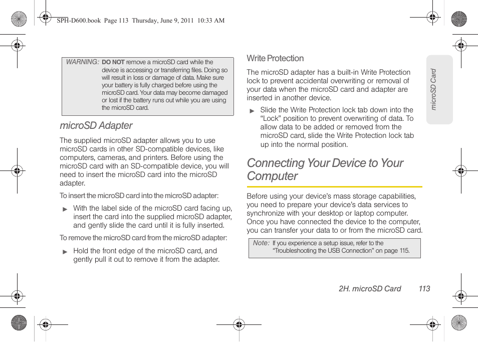 Microsd adapter, Connecting your device to your computer | Samsung D-44867 User Manual | Page 127 / 250