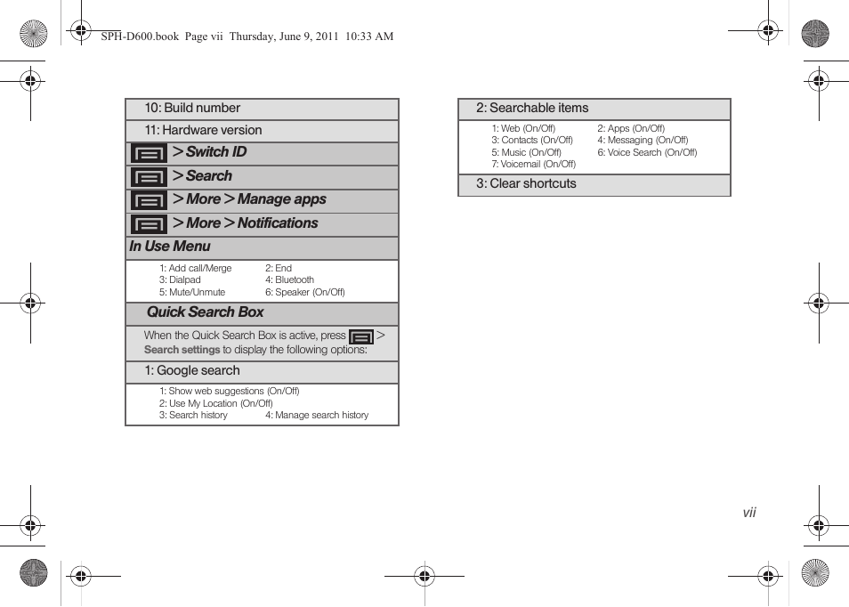 Switch id, Quick search box | Samsung D-44867 User Manual | Page 13 / 250