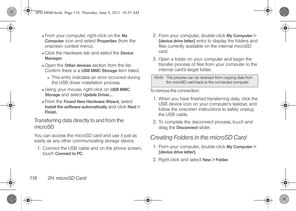 Creating folders in the microsd card | Samsung D-44867 User Manual | Page 130 / 250