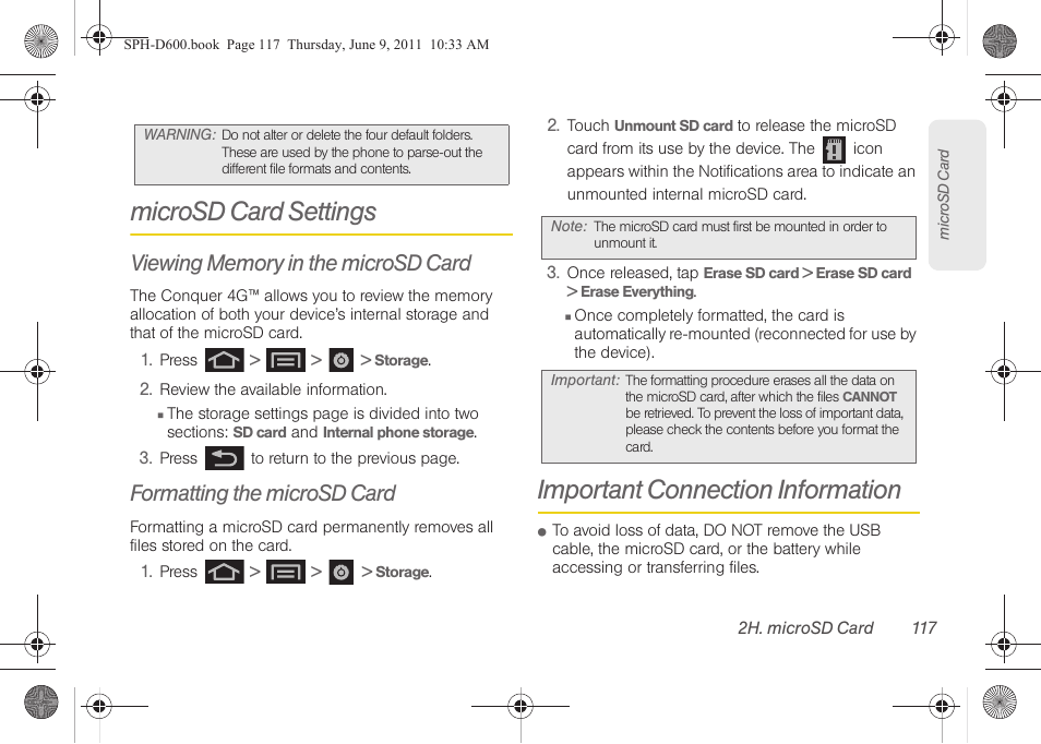 Microsd card settings, Viewing memory in the microsd card, Formatting the microsd card | Important connection information | Samsung D-44867 User Manual | Page 131 / 250
