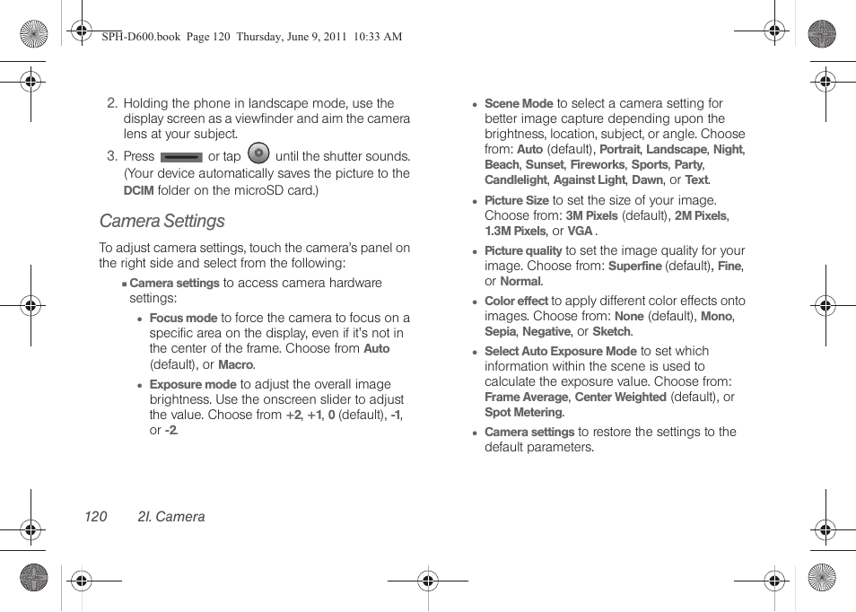 Camera settings | Samsung D-44867 User Manual | Page 134 / 250