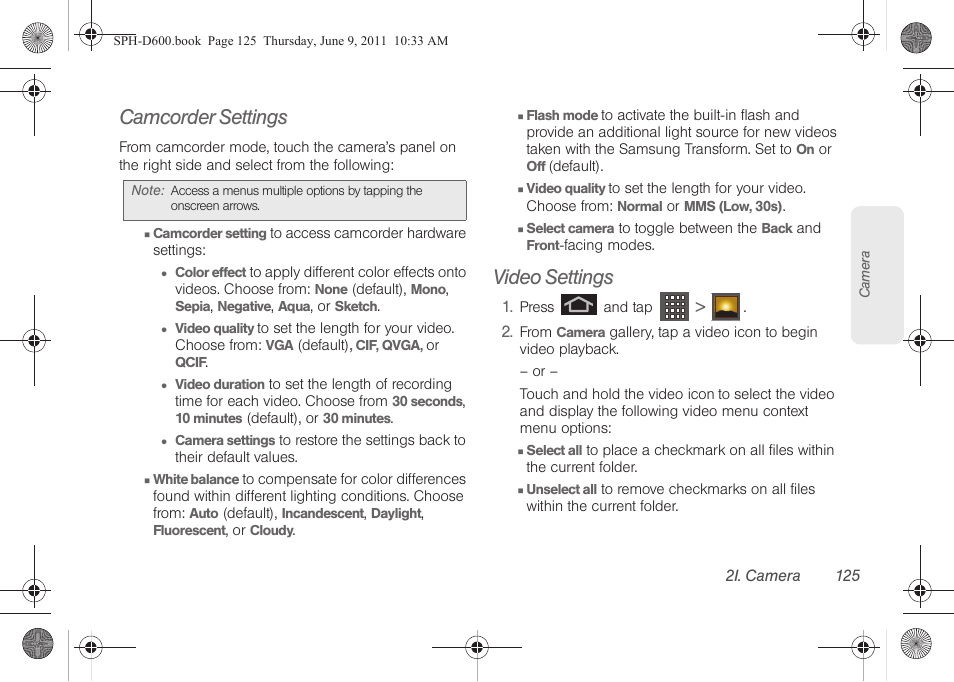 Camcorder settings, Video settings | Samsung D-44867 User Manual | Page 139 / 250