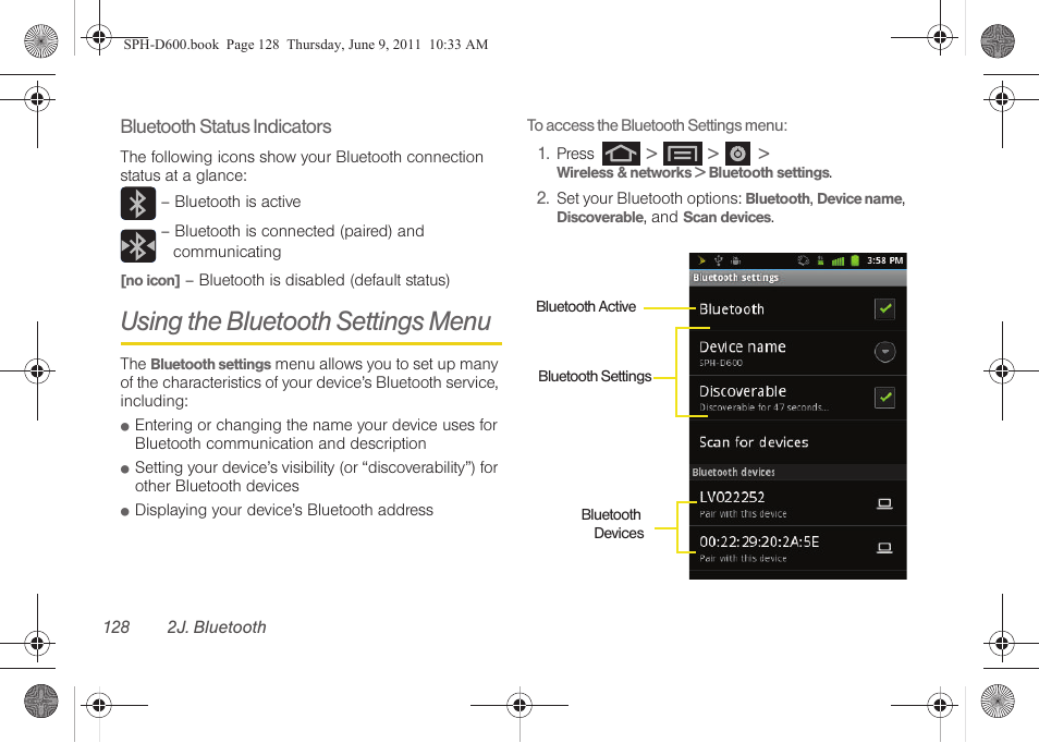 Using the bluetooth settings menu | Samsung D-44867 User Manual | Page 142 / 250