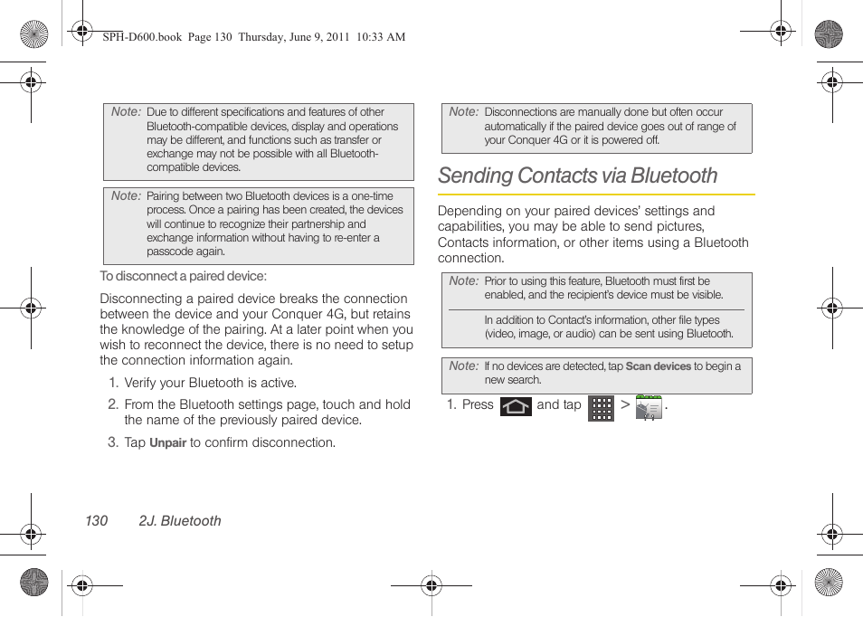 Sending contacts via bluetooth | Samsung D-44867 User Manual | Page 144 / 250