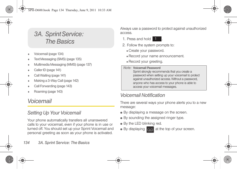 3a. sprint service: the basics, Voicemail, Setting up your voicemail | Voicemail notification | Samsung D-44867 User Manual | Page 148 / 250